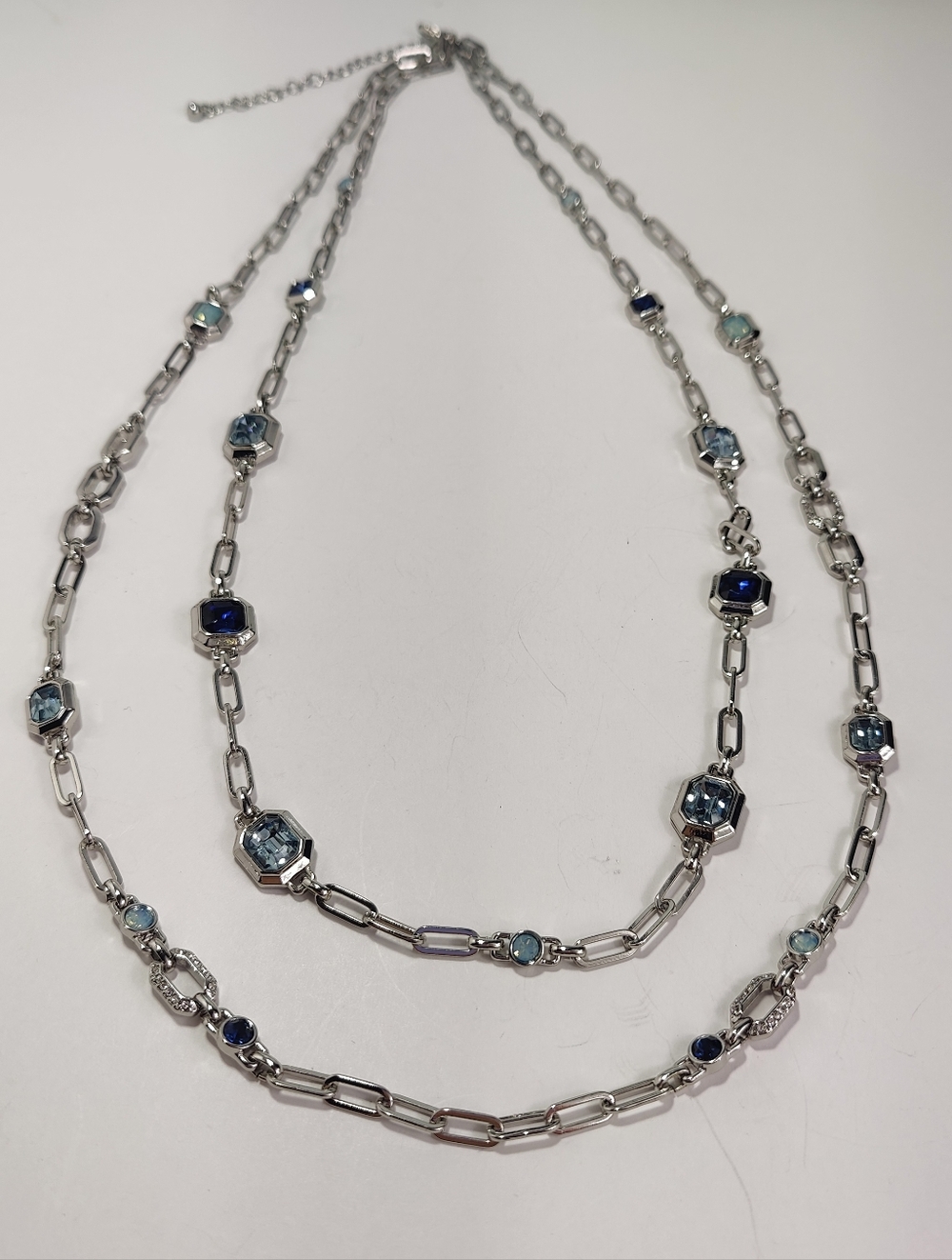 White House Black Market Double Strand Paperclip Chain Necklace Blue Crystal